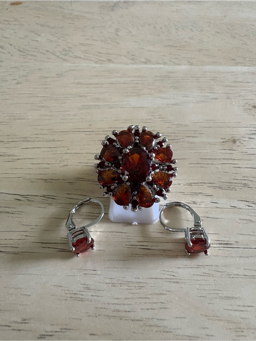 Silver-Tone Red Crystal Cluster Ring with Matching Earrings